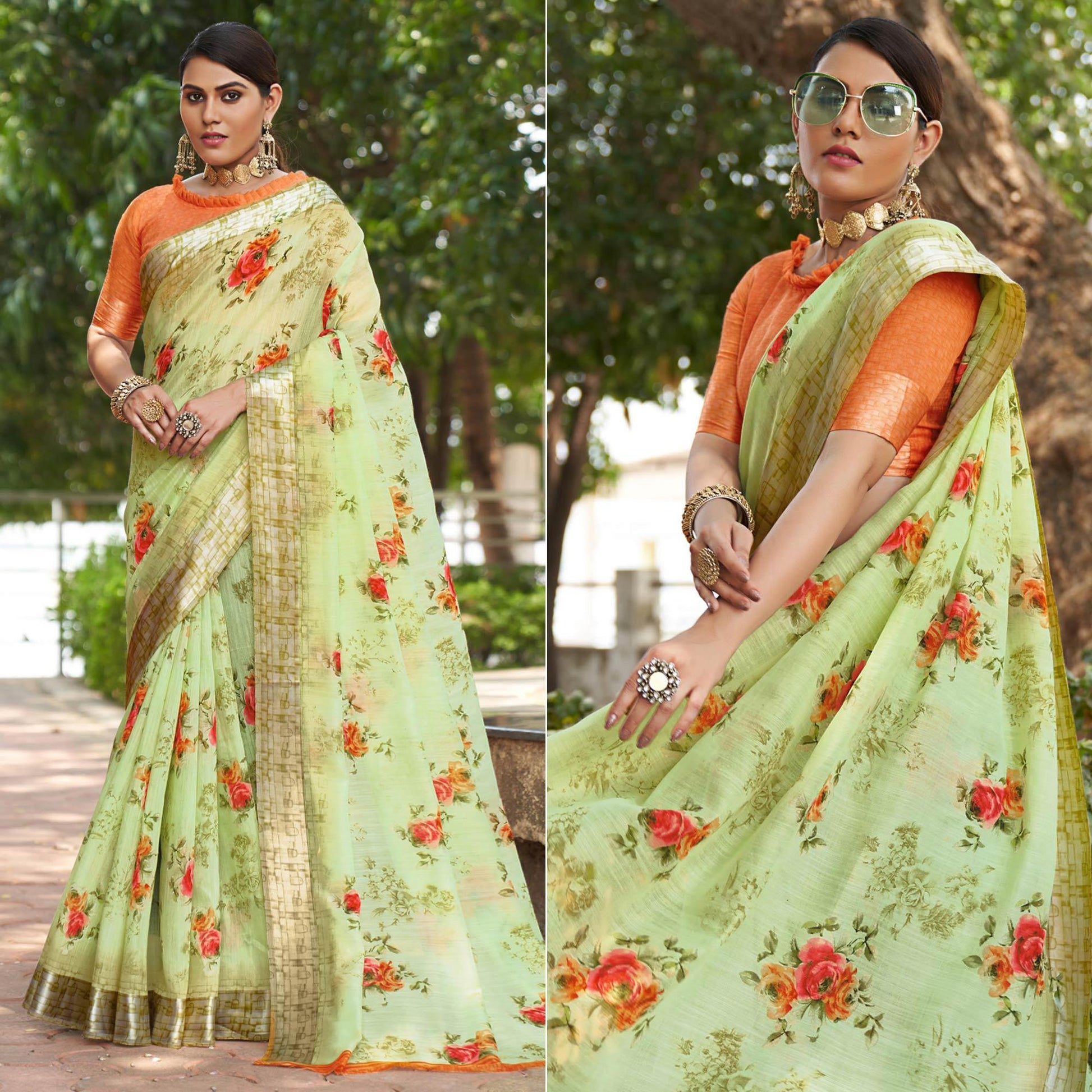 Light Green Floral Printed Linen Saree
