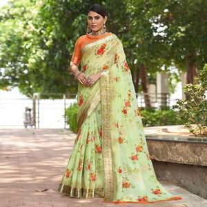 Light Green Floral Printed Linen Saree