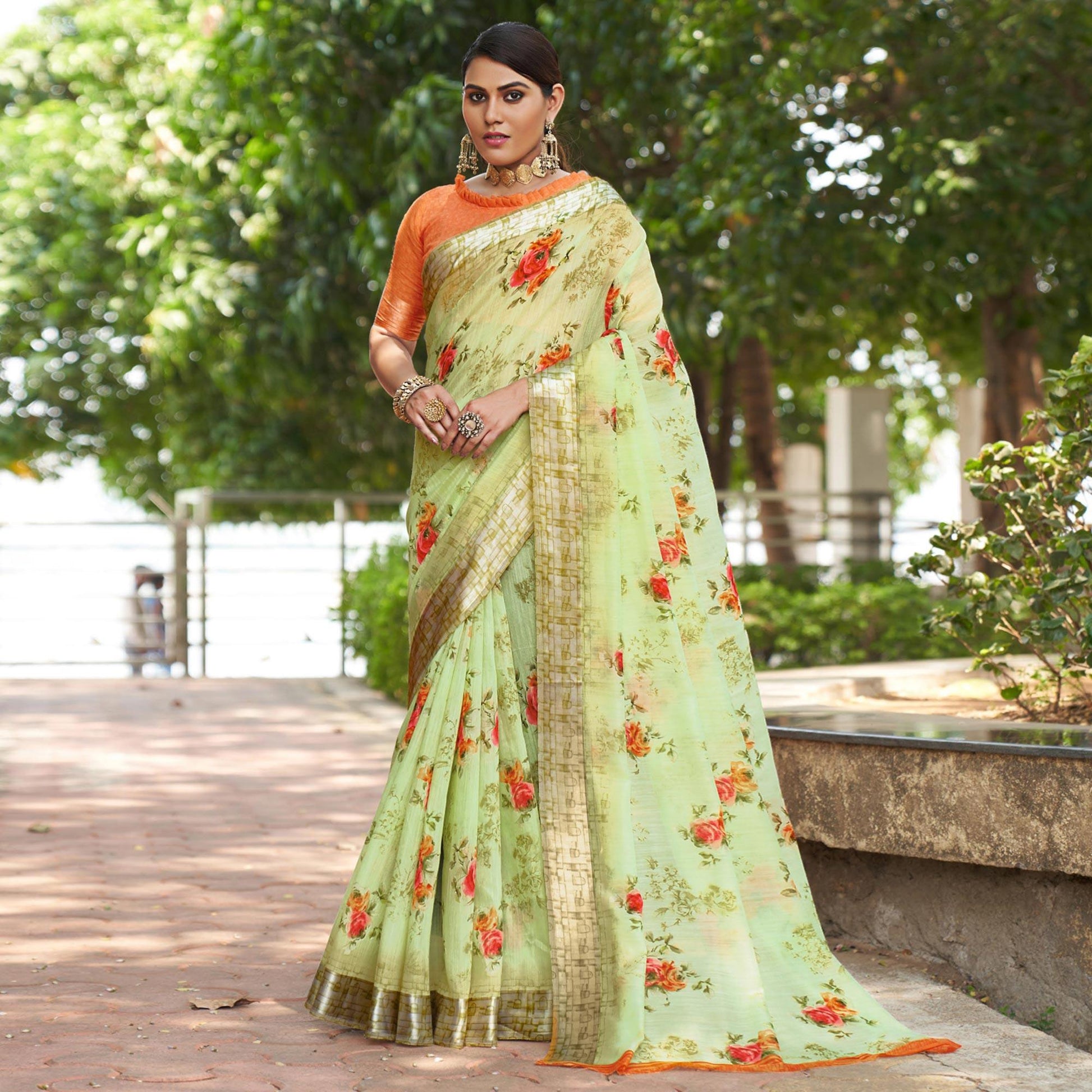 Light Green Floral Printed Linen Saree