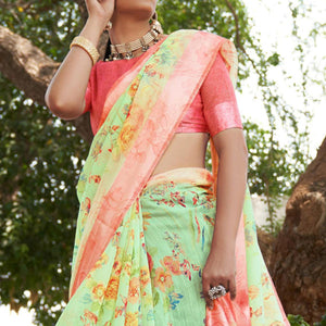 Light Green Floral Printed Linen Saree