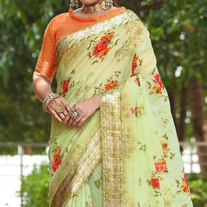 Light Green Floral Printed Linen Saree