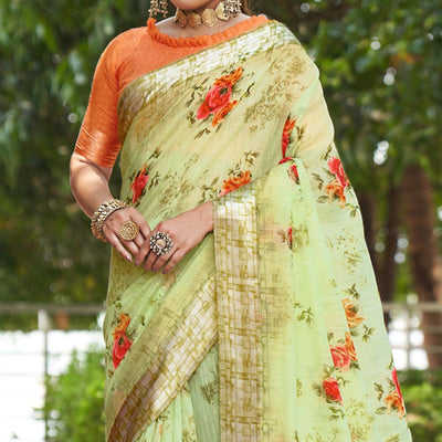 Light Green Floral Printed Linen Saree