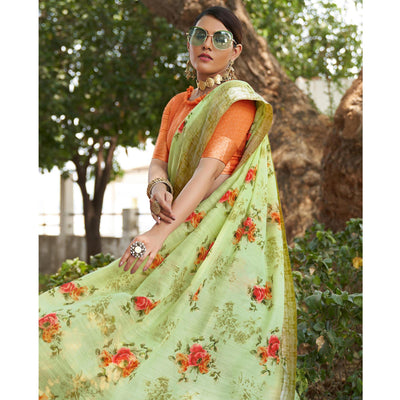Light Green Floral Printed Linen Saree