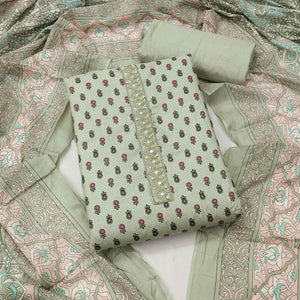 Light Green Floral Printed With Embroidered Cotton Blend Dress Material