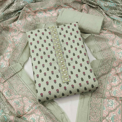 Light Green Floral Printed With Embroidered Cotton Blend Dress Material