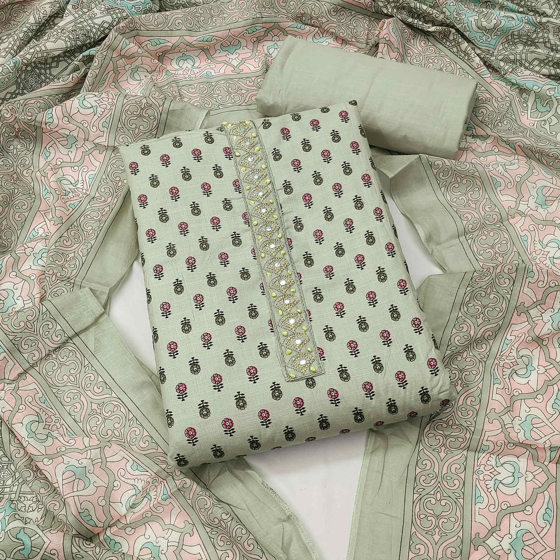 Light Green Floral Printed With Embroidered Cotton Blend Dress Material