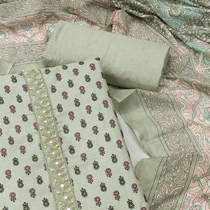 Light Green Floral Printed With Embroidered Cotton Blend Dress Material
