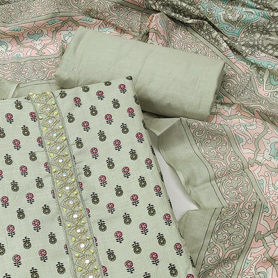 Light Green Floral Printed With Embroidered Cotton Blend Dress Material