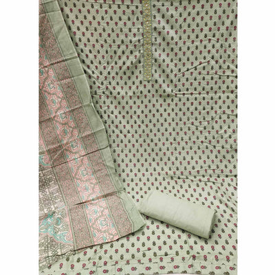 Light Green Floral Printed With Embroidered Cotton Blend Dress Material