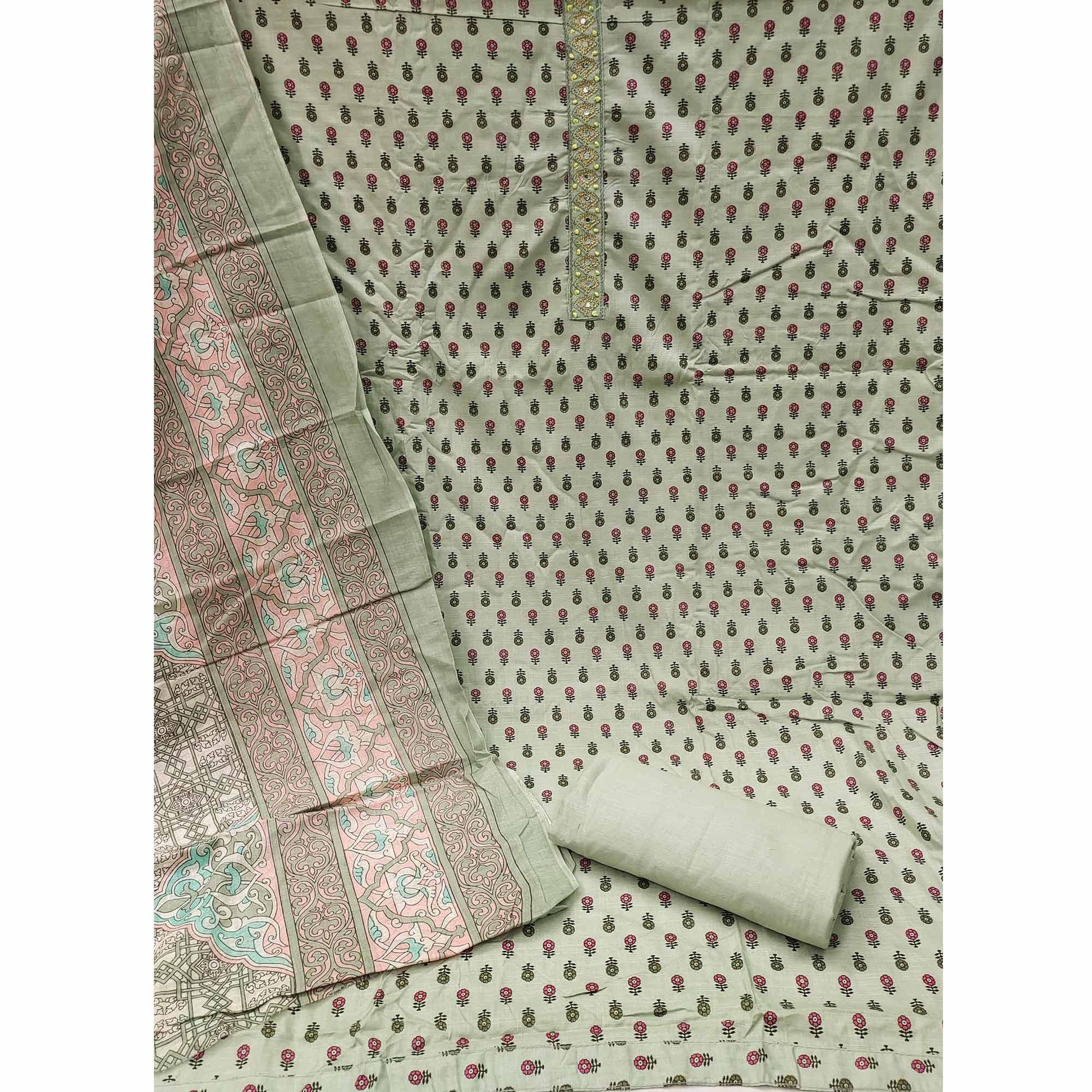 Light Green Floral Printed With Embroidered Cotton Blend Dress Material
