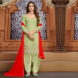 Light Green Partywear Designer Embroidered Faux Georgette Patiyala Suit