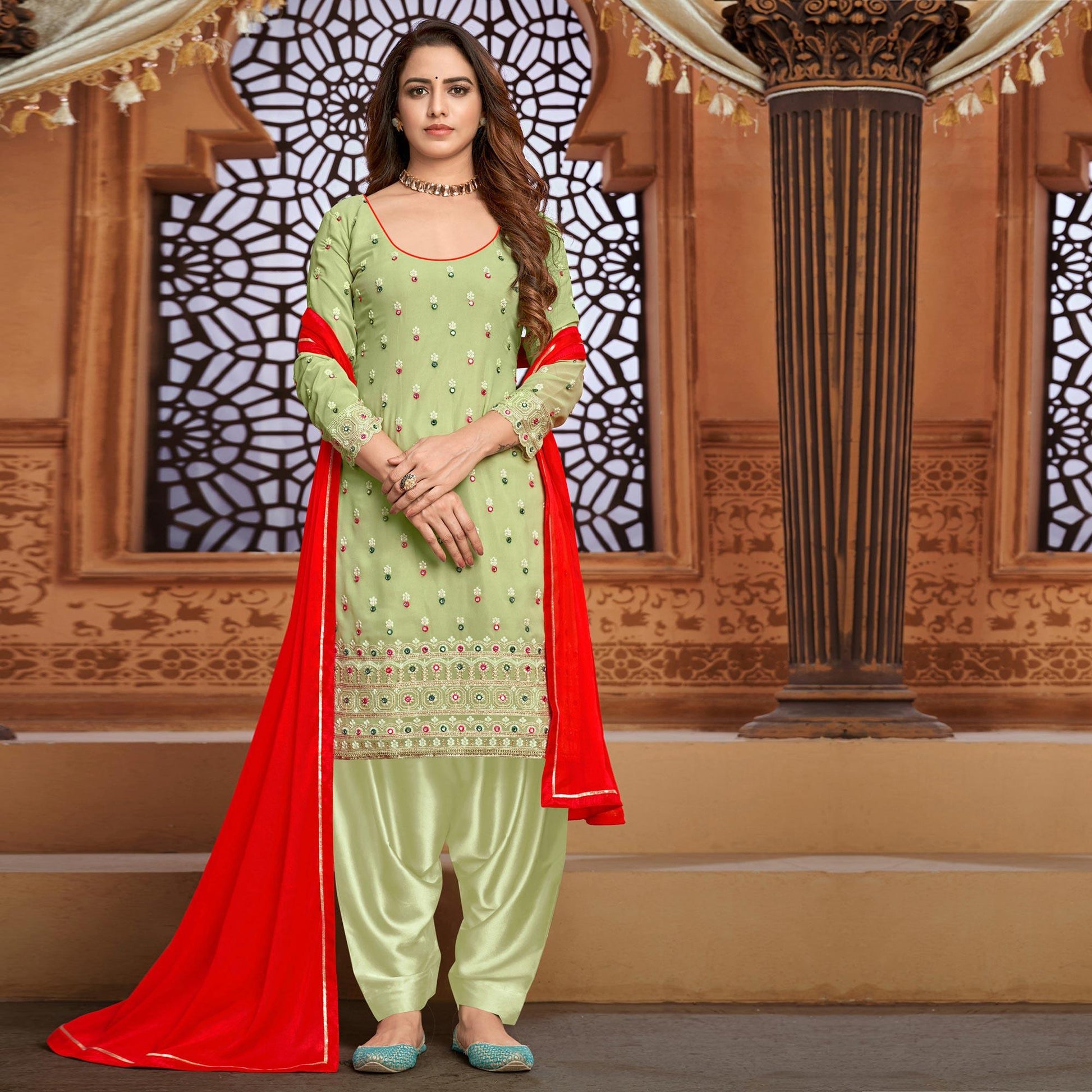 Light Green Partywear Designer Embroidered Faux Georgette Patiyala Suit