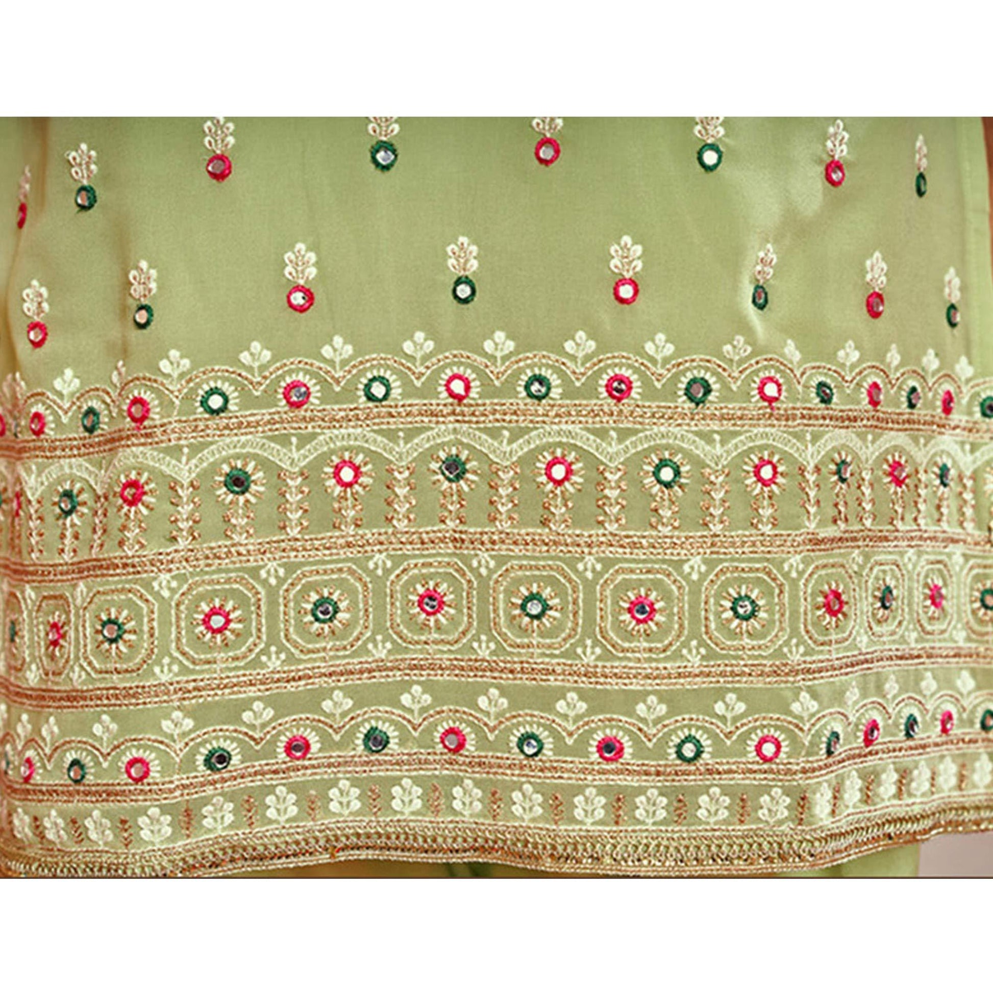 Light Green Partywear Designer Embroidered Faux Georgette Patiyala Suit