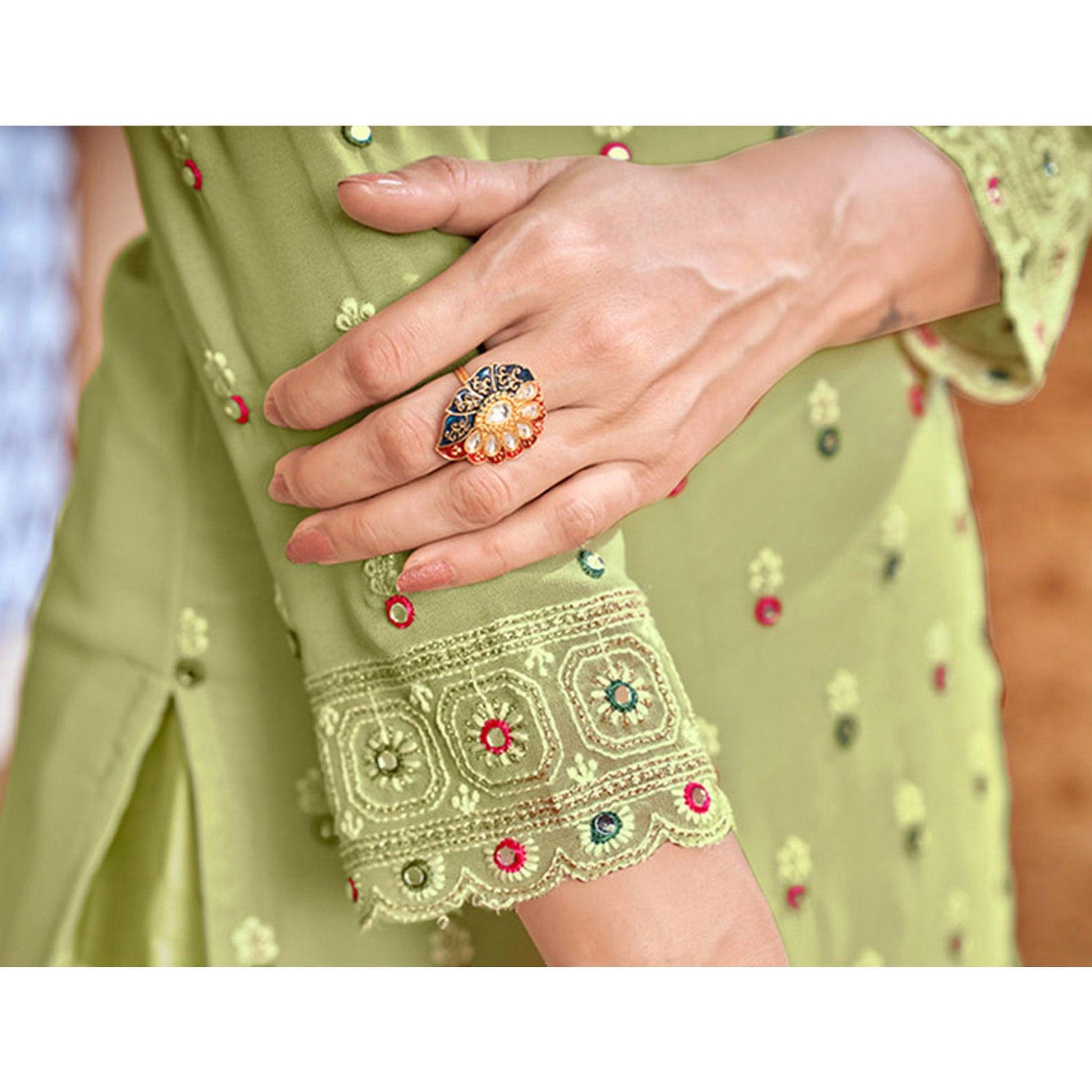 Light Green Partywear Designer Embroidered Faux Georgette Patiyala Suit