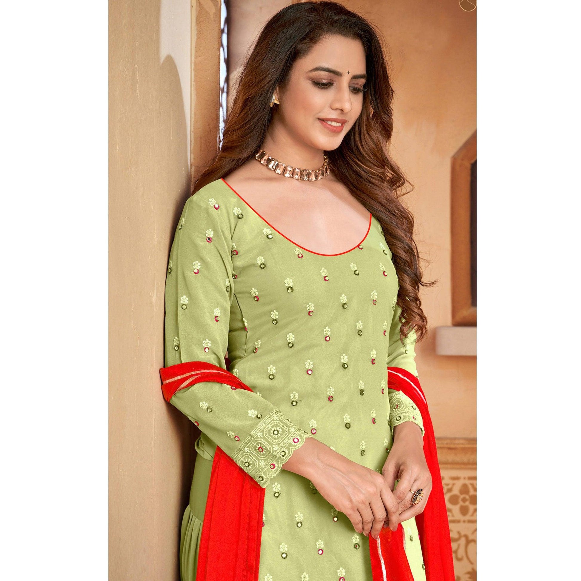 Light Green Partywear Designer Embroidered Faux Georgette Patiyala Suit