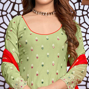 Light Green Partywear Designer Embroidered Faux Georgette Patiyala Suit
