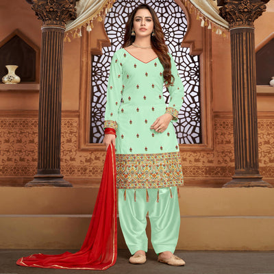 Light Green Partywear Designer Floral Embroidered Faux Georgette Patiyala Suit