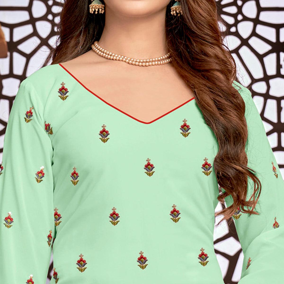 Light Green Partywear Designer Floral Embroidered Faux Georgette Patiyala Suit