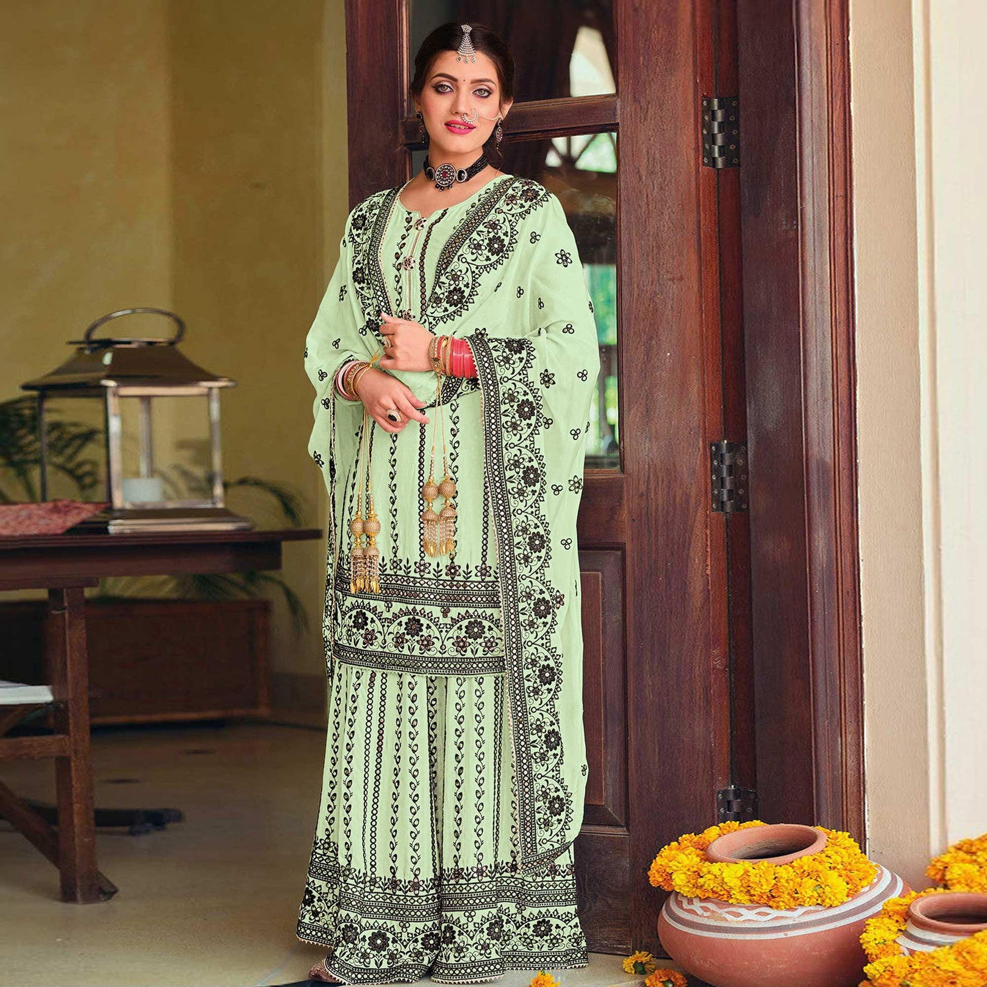 Light Green Partywear Designer Floral Embroidered Georgette Palazzo Suit