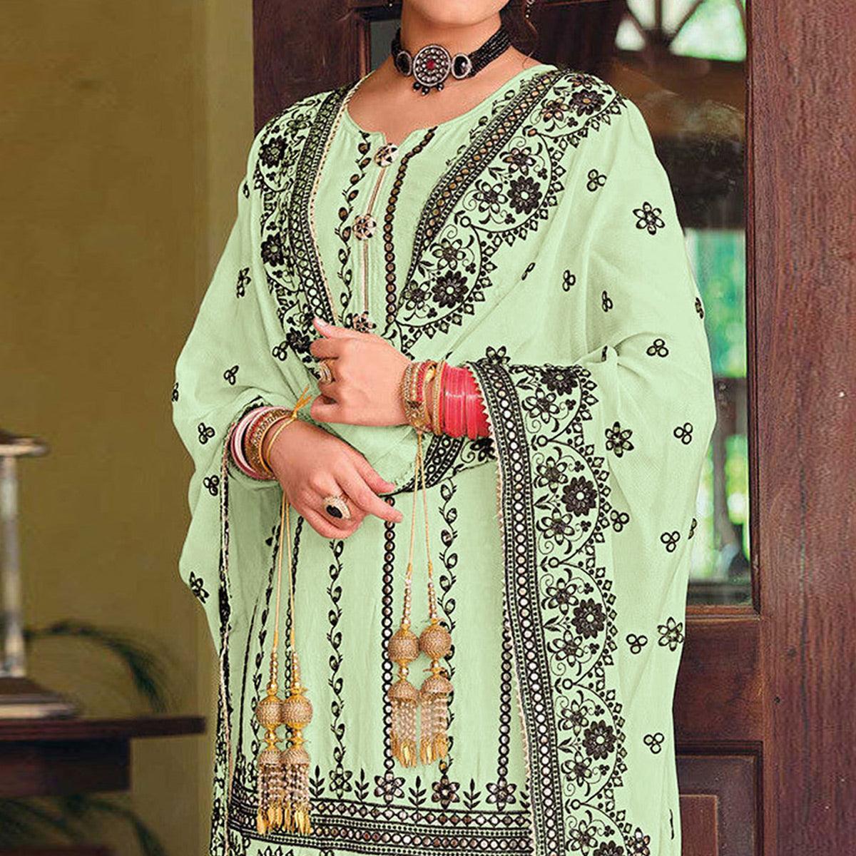 Light Green Partywear Designer Floral Embroidered Georgette Palazzo Suit