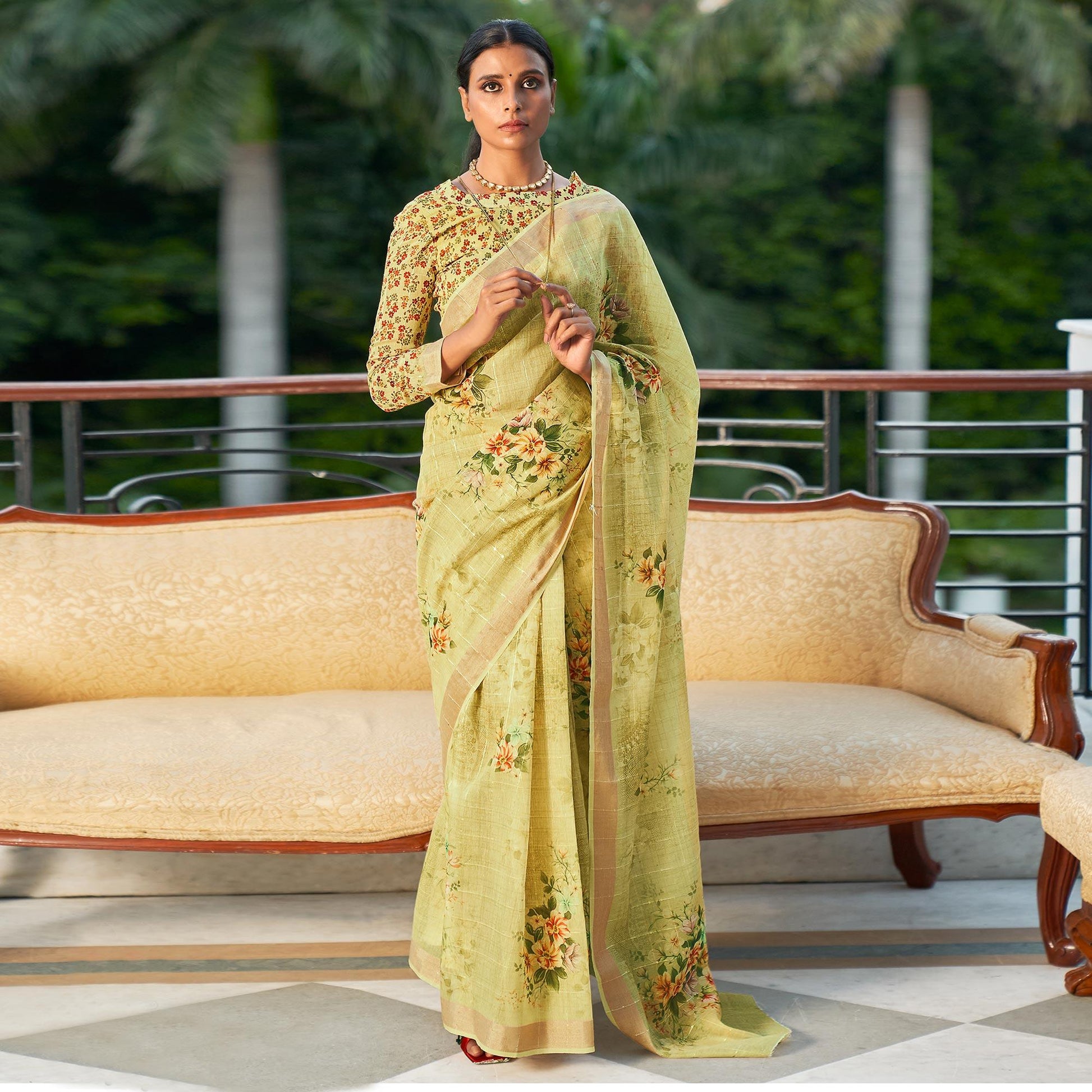 Light Green Partywear Digital Printed & Sequins Woven Pure Linen Saree