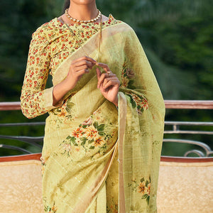 Light Green Partywear Digital Printed & Sequins Woven Pure Linen Saree