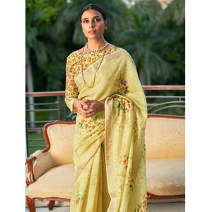 Light Green Partywear Digital Printed & Sequins Woven Pure Linen Saree