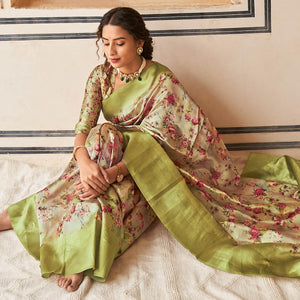 Light Green Partywear Digital Printed Silk Saree