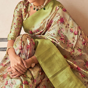 Light Green Partywear Digital Printed Silk Saree