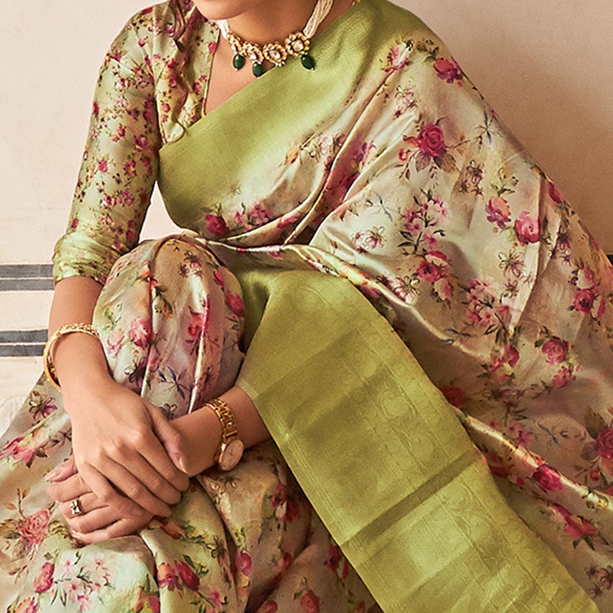 Light Green Partywear Digital Printed Silk Saree