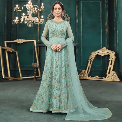 Light Green Partywear Embroidered Butterfly Net Anarkali Suit