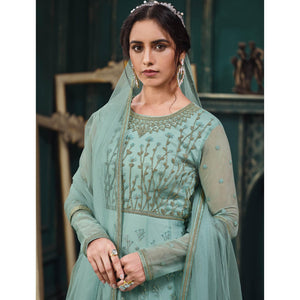 Light Green Partywear Embroidered Butterfly Net Anarkali Suit