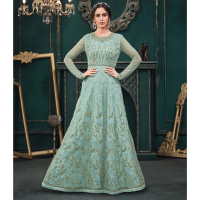 Light Green Partywear Embroidered Butterfly Net Anarkali Suit