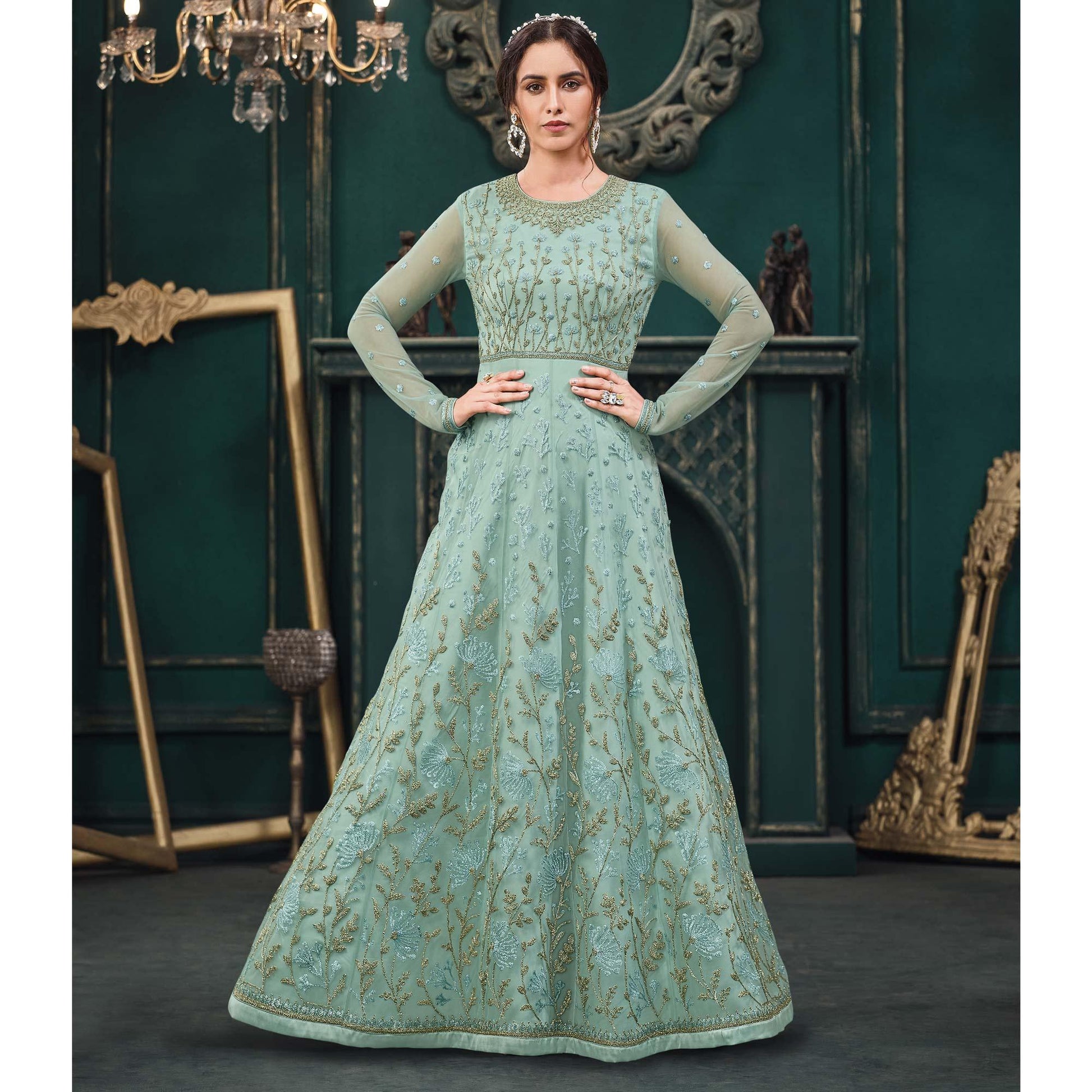 Light Green Partywear Embroidered Butterfly Net Anarkali Suit