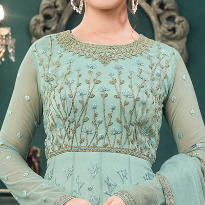 Light Green Partywear Embroidered Butterfly Net Anarkali Suit