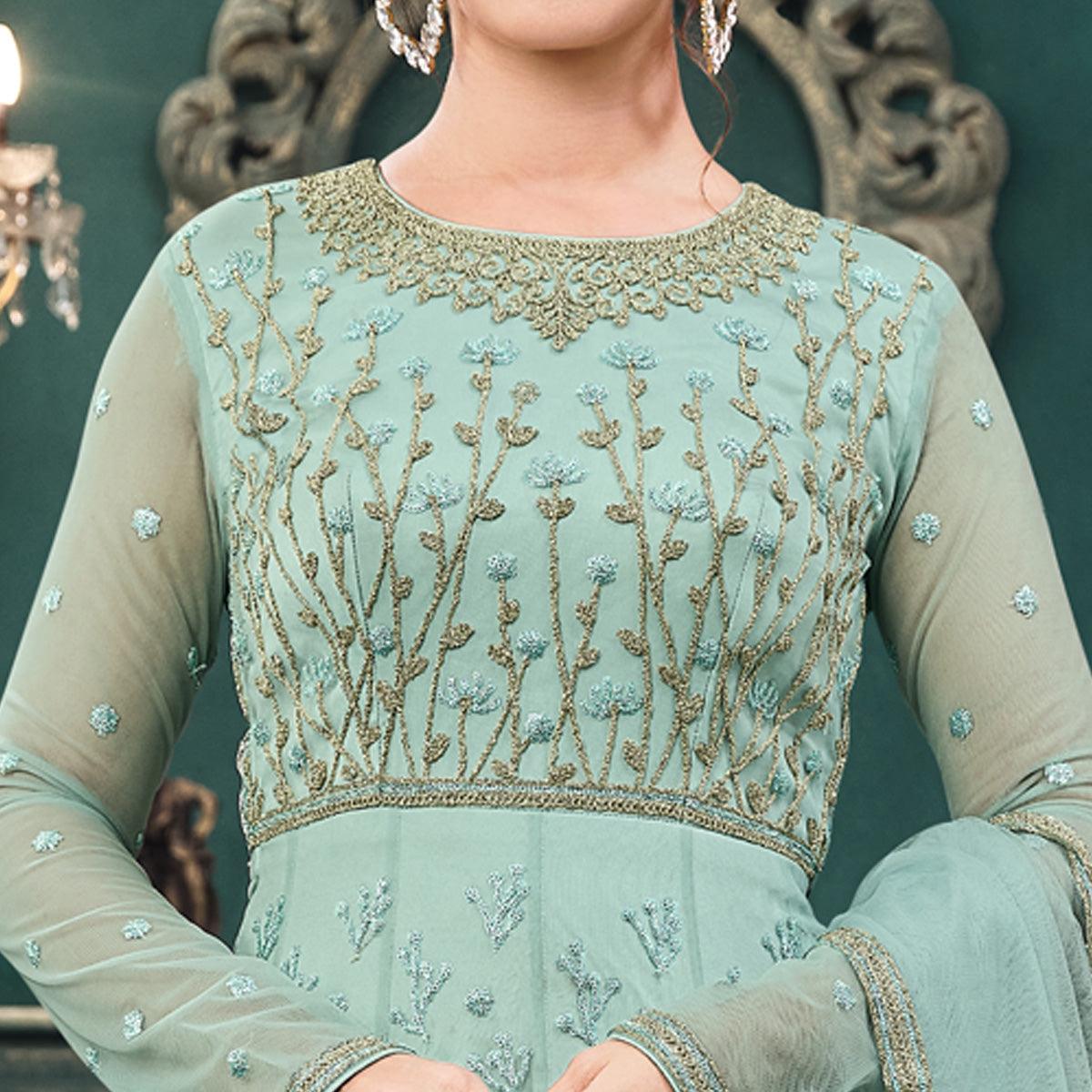 Light Green Partywear Embroidered Butterfly Net Anarkali Suit