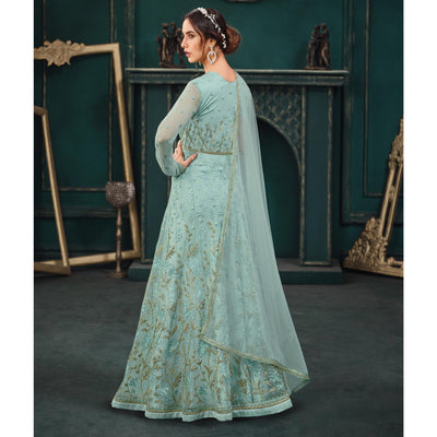 Light Green Partywear Embroidered Butterfly Net Anarkali Suit