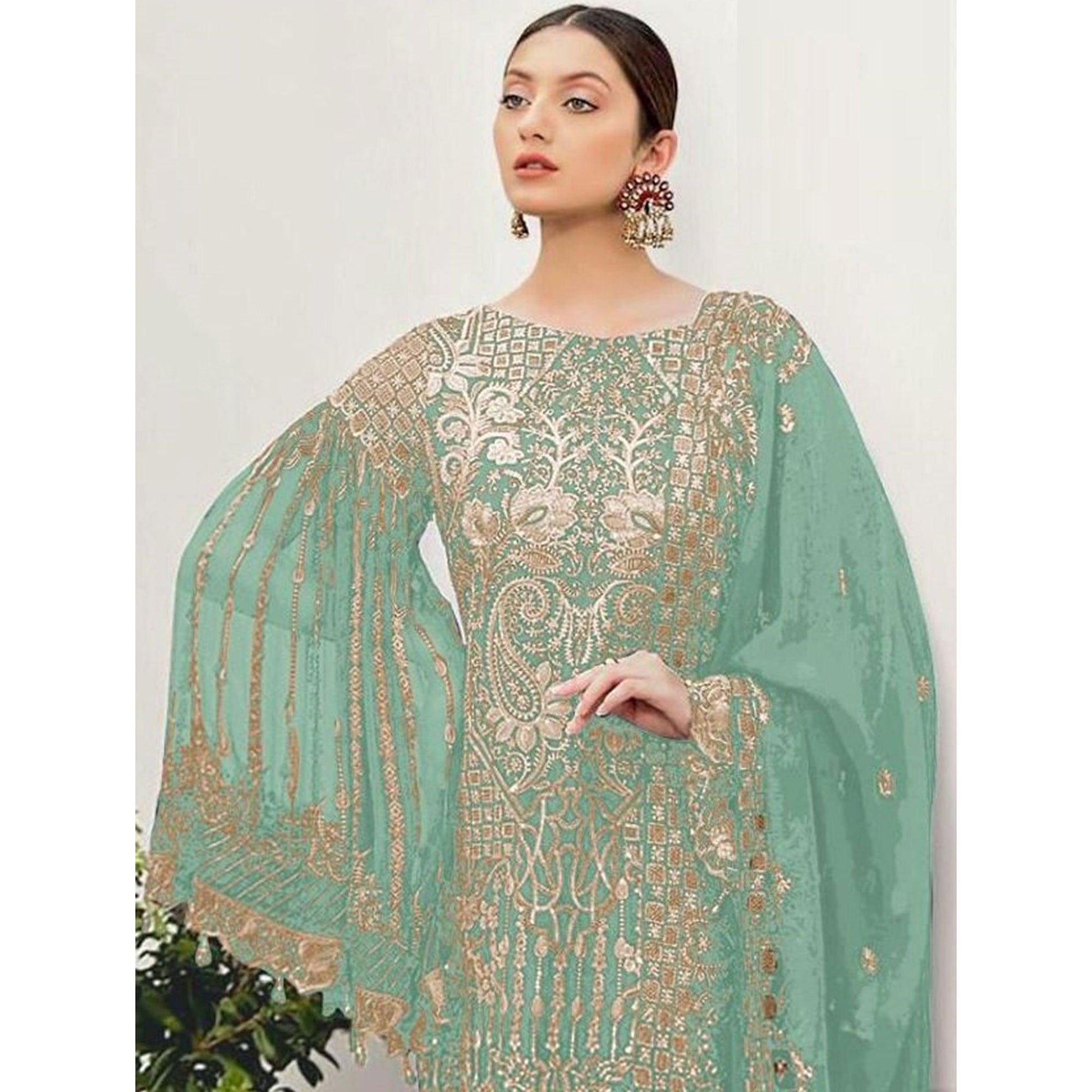 Light Green Partywear Embroidered Georgette Pakistani Suit