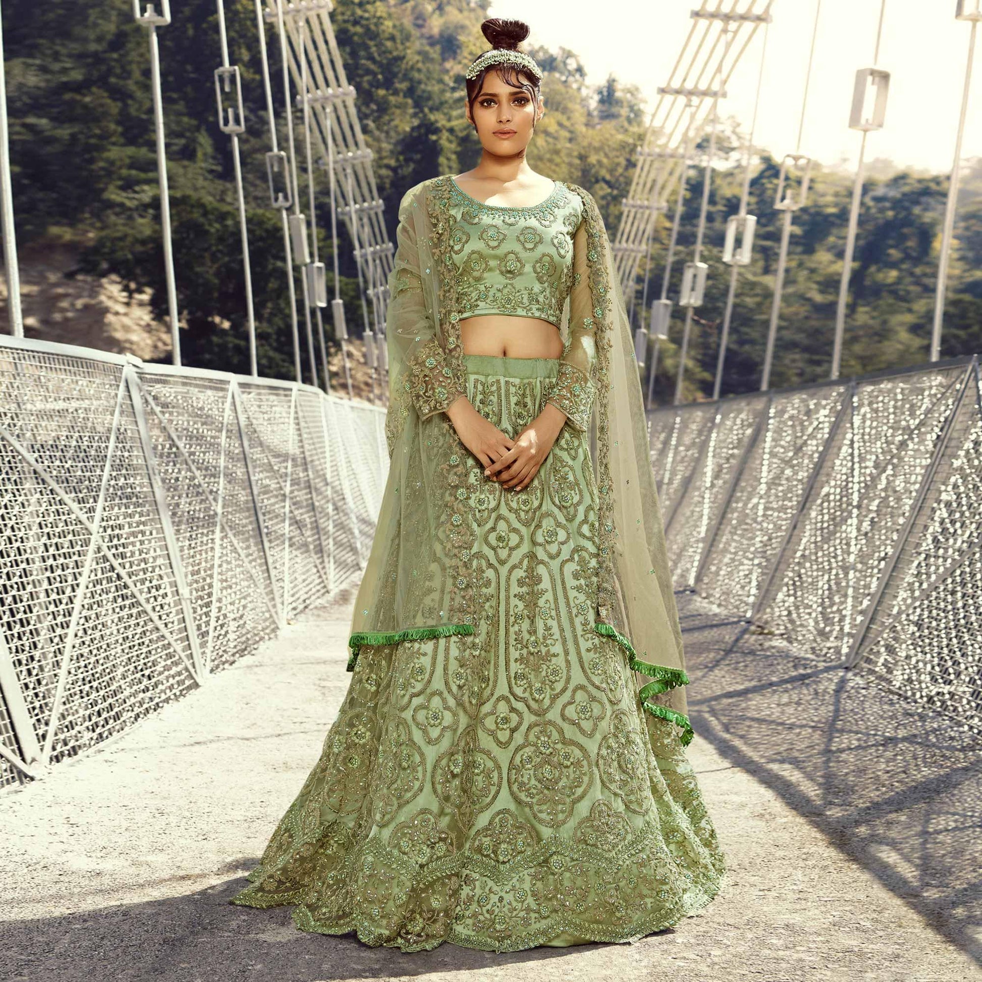 Light Green Partywear Floral Heavy Embroidered Net Lehenga Choli