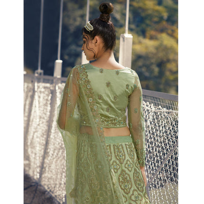 Light Green Partywear Floral Heavy Embroidered Net Lehenga Choli