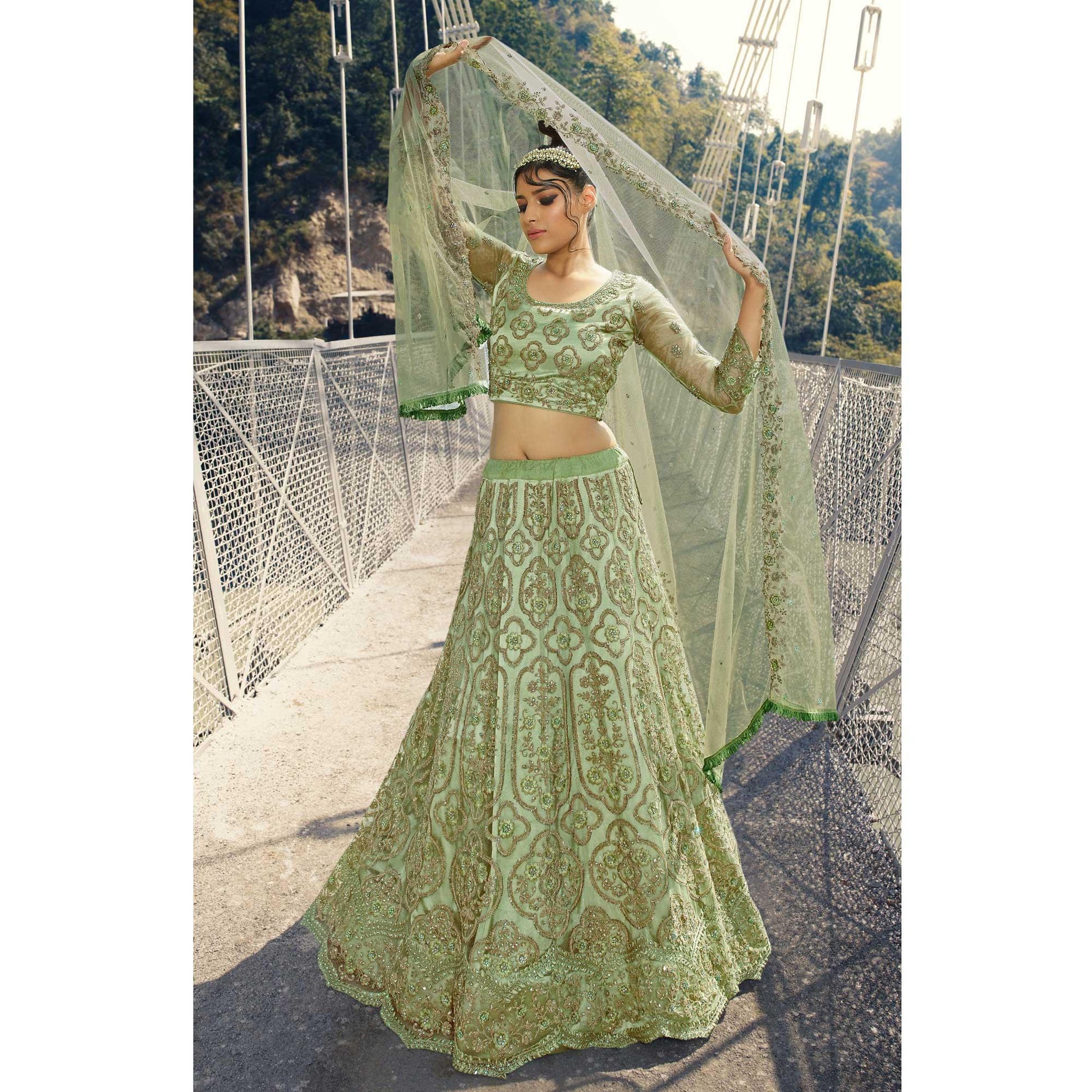 Light Green Partywear Floral Heavy Embroidered Net Lehenga Choli