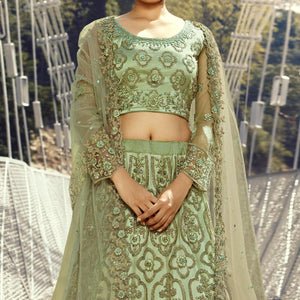 Light Green Partywear Floral Heavy Embroidered Net Lehenga Choli