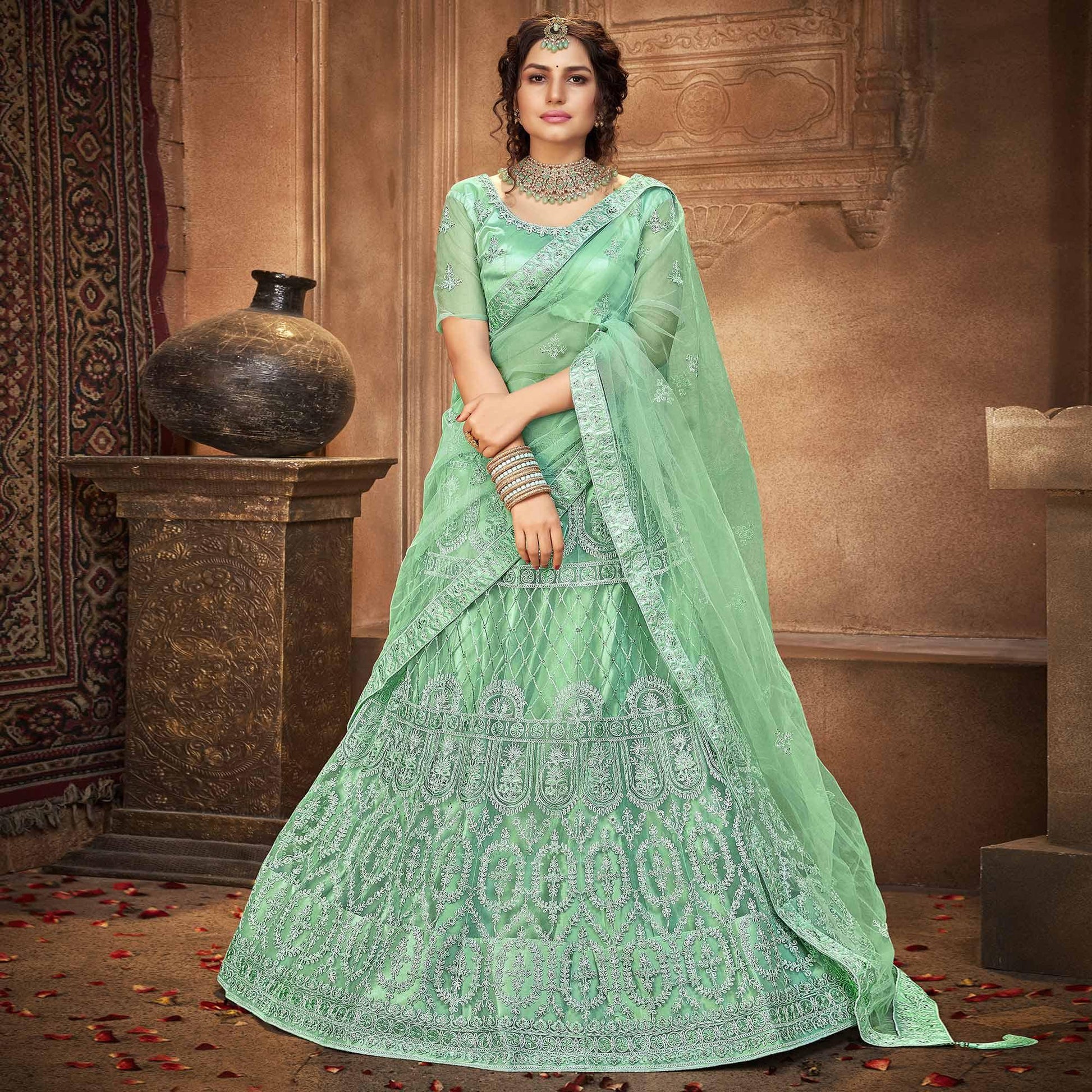 Light Green  Partywear Multi Sequins Embroidered Net Lehenga Choli