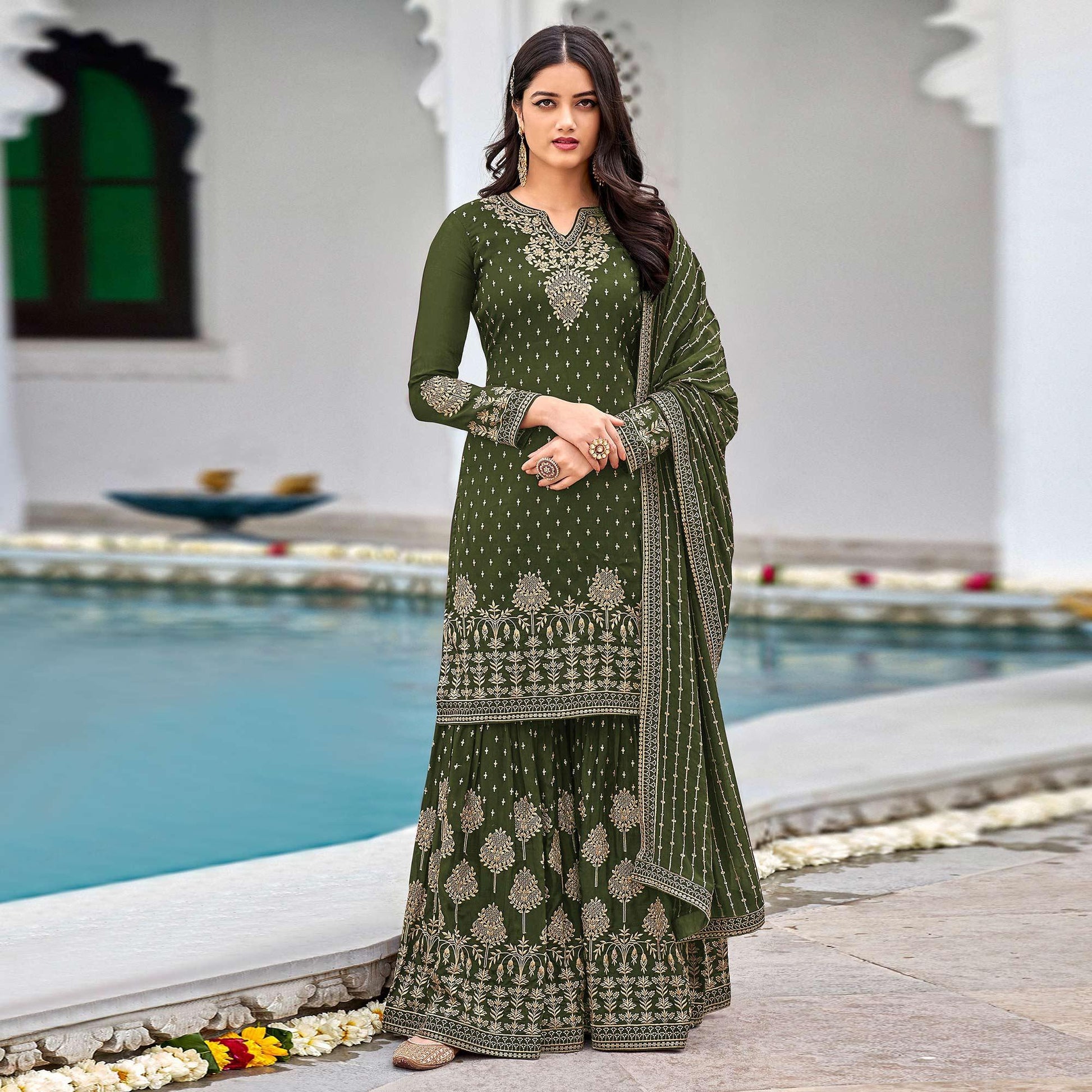 Light Green Partywear Sequins & Embroidered Faux Georgette Salwar Suit
