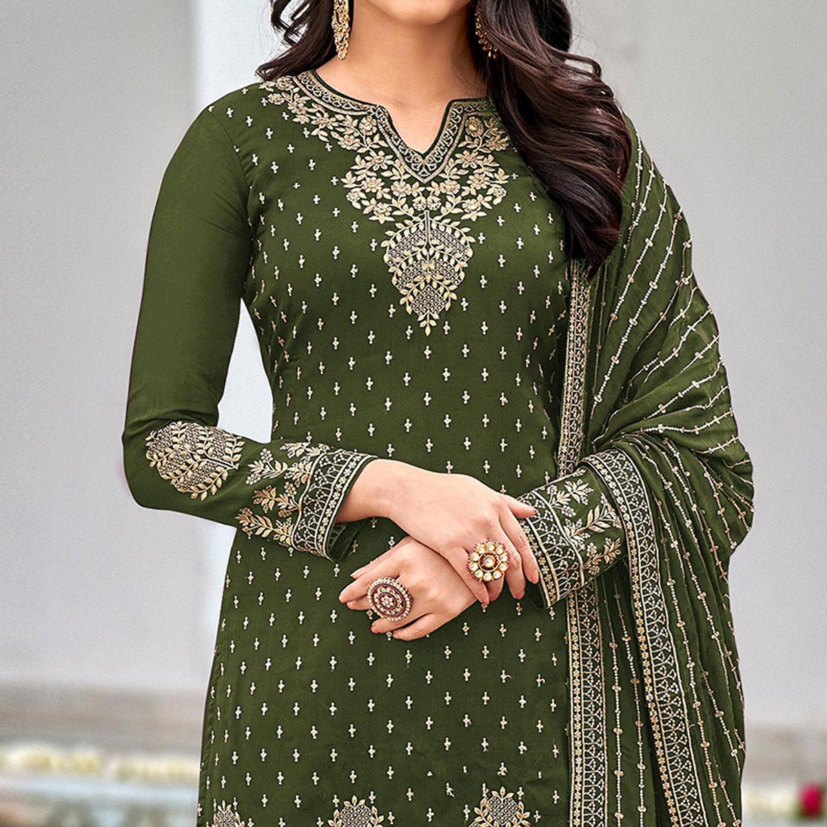 Light Green Partywear Sequins & Embroidered Faux Georgette Salwar Suit