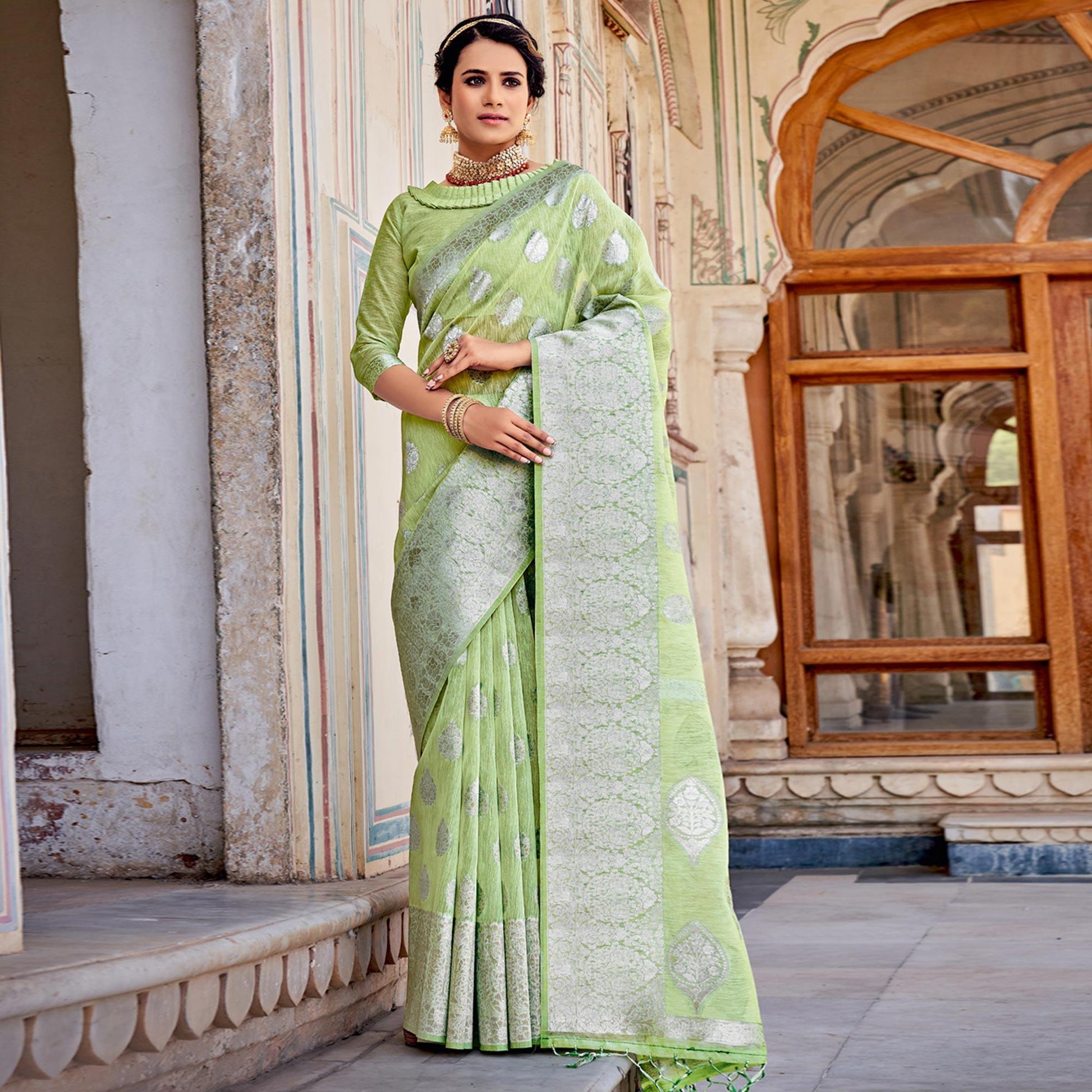 Light Green Partywear Silver Zari Work Linen Saree