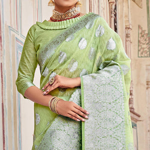 Light Green Partywear Silver Zari Work Linen Saree