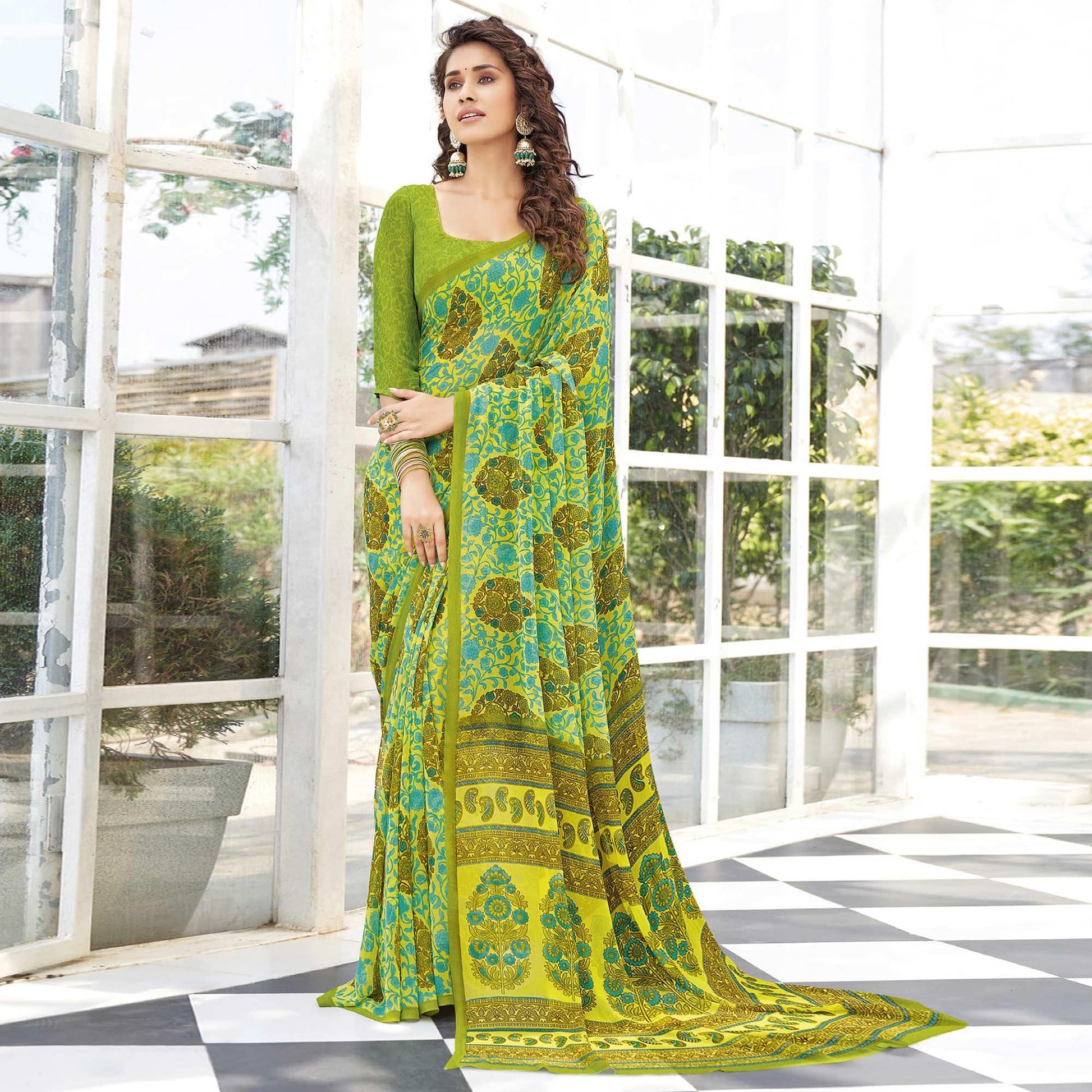 Light Green Printed Georgette Saree