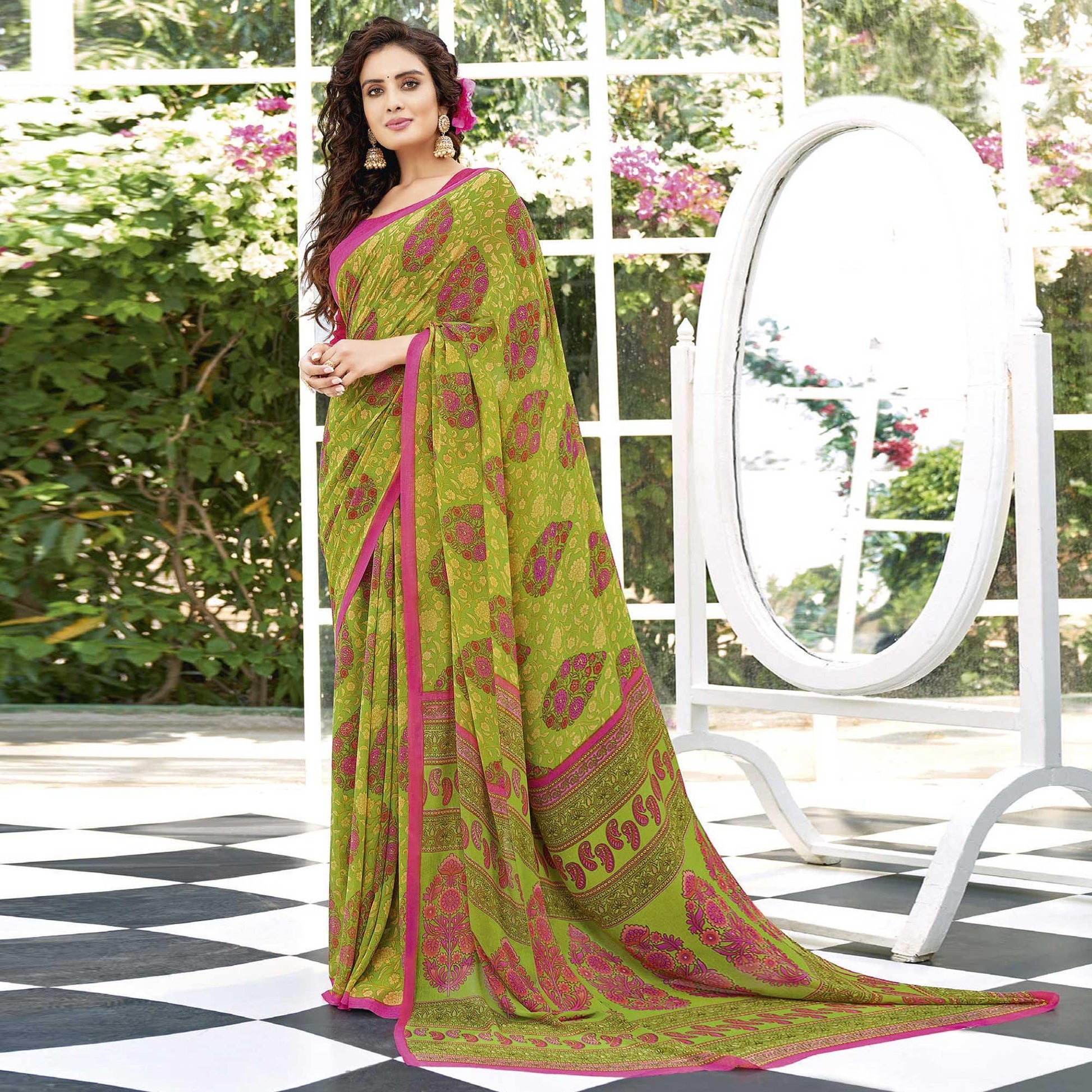 Light Green Printed Georgette Saree