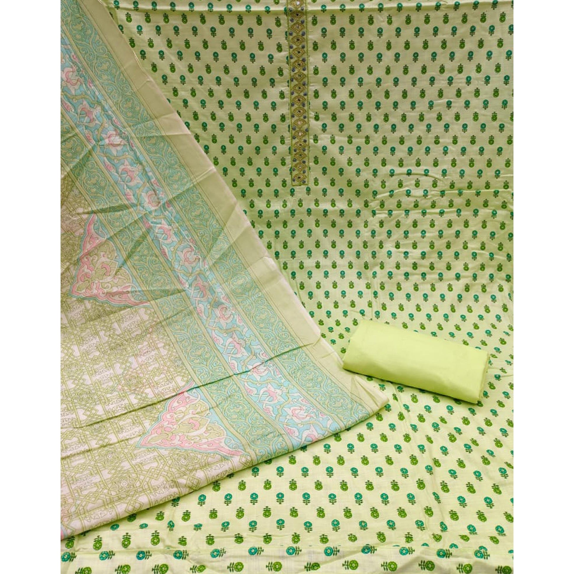 Light Green Printed Pure Cotton Dress Material